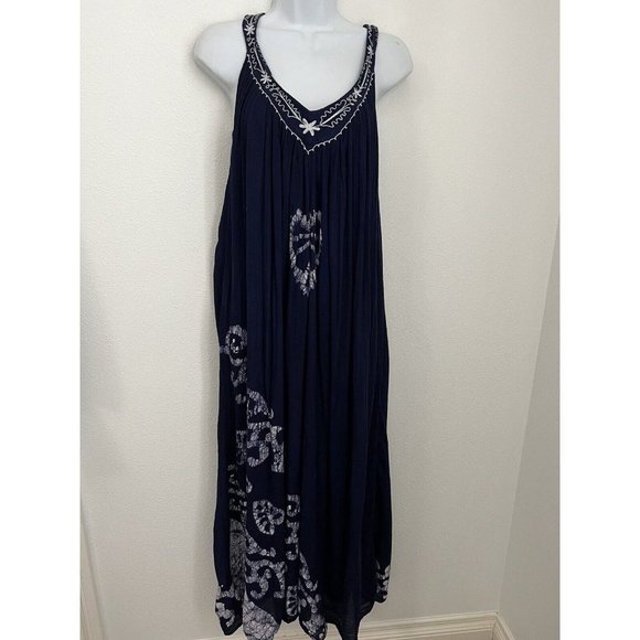 IN-GEAR Boho Navy Blue crinkle boho maxi dress hippie sleeveless embroidered OS - Picture 2 of 9